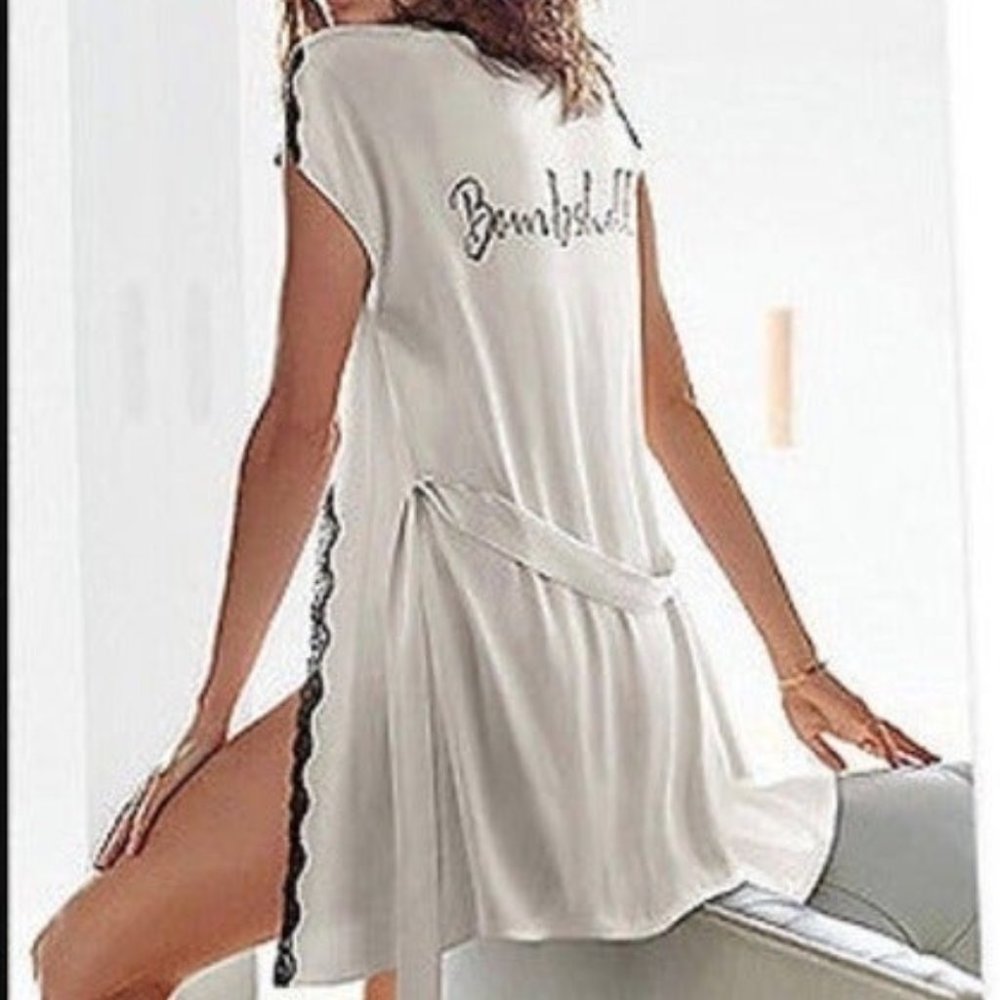 Rare BOMBSHELL Bathrobe kimono Robe Wrap Small White with Black Lace